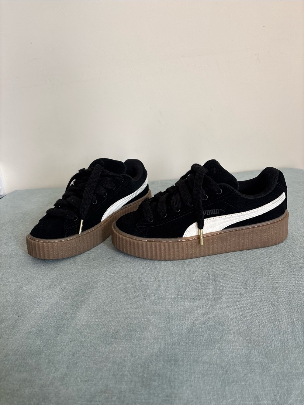 Puma Women's Black Suede Platform Sneakers with White Stripe